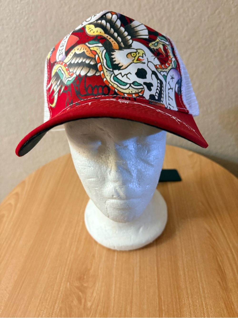 Ed Hardy NYC Eagle Skull Hat Y2K Tattoo Red White Mesh Trucker Cap One Size NWT